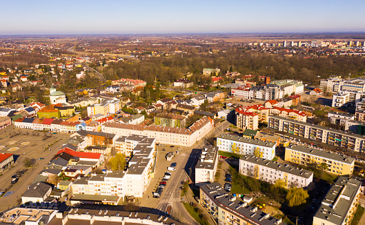 Aerial view of old town of polish city of Skierniewice in spring day