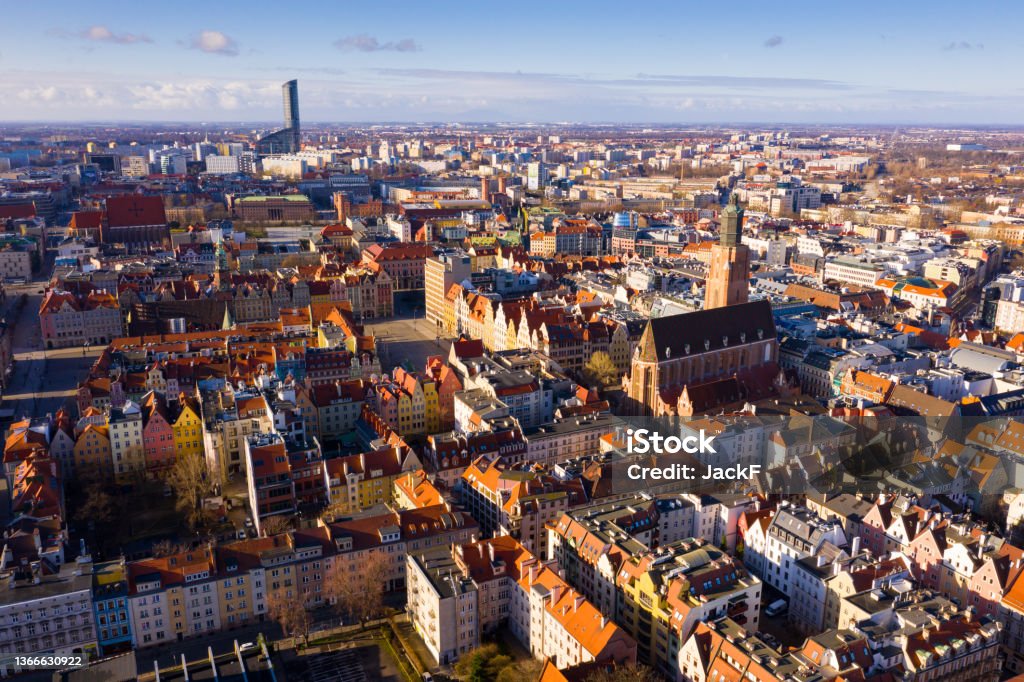 Aerial view of Wroclaw with Market Square in Poland Aerial view of Wroclaw with Market Square in Poland with old buildings Wroclaw Stock Photo