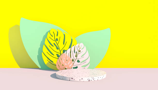 Mockup, podium, display with monstera leaves tropical plant background, 3d render