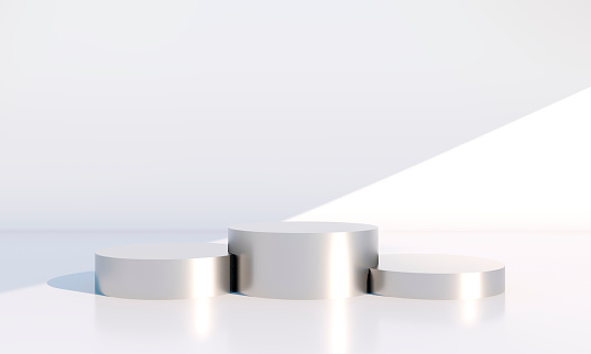 Minimal scene with geometrical forms, podiums in cream background with shadows. Scene to show cosmetic product, 3d