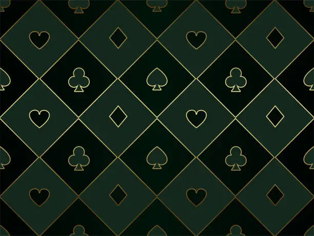 Vector illustration of Black and green seamless pattern fabric poker table. Minimalistic casino vector background with golden line poker card symbol texture