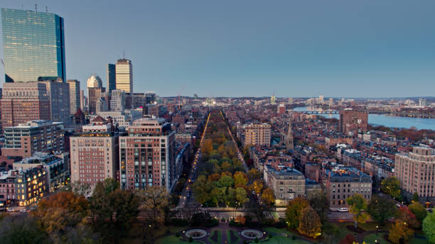 istock Drone View Along Commonwealth Avenue in Back Bay, Boston Before Sunrise 1366634686