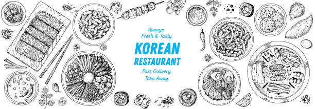 ilustraciones, imágenes clip art, dibujos animados e iconos de stock de ilustración de vista superior de comida coreana. boceto dibujado a mano. bibimbap, kimchi, kimbap, fideos, pinchos. comida callejera coreana, diseño del menú para llevar. ilustración vectorial. - comida japonesa