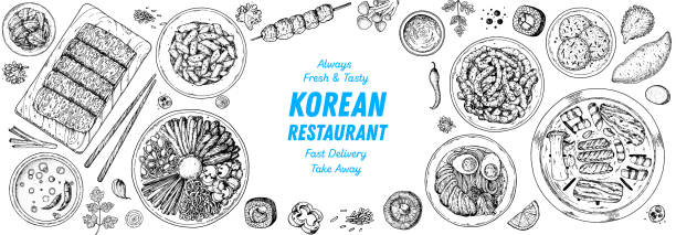 Korean food top view illustration. Hand drawn sketch. Bibimbap, kimchi, kimbap, noodles, skewers. Korean street food, take away menu design. Vector illustration. Korean food top view illustration. Hand drawn sketch. Bibimbap, kimchi, kimbap, noodles, skewers. Korean street food, take away menu design. Vector illustration korean food stock illustrations