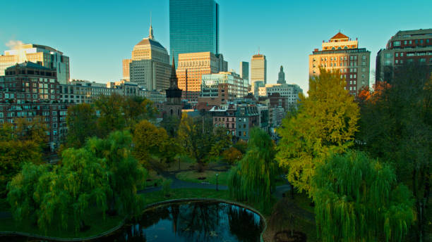 istock Morning Sunlight on Boston Public Garden in Fall - Drone Shot 1366634757
