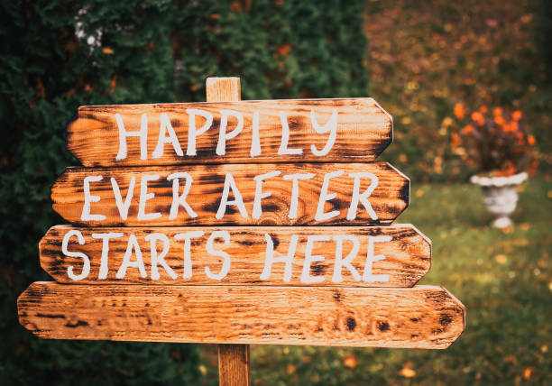 wooden wedding sign happily ever after stock photo