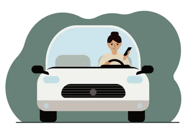 Vector illustration of Woman using smartphone while driving a car. Driving hazard. Vector flat