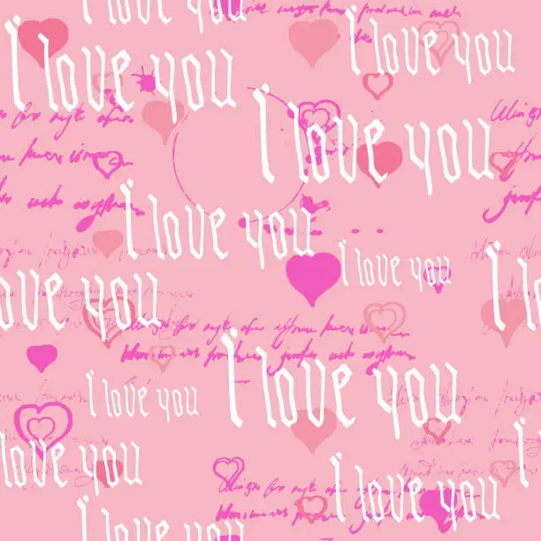 Vector illustration of Seamless pattern Gothic Text I love you, hand written words.Sketch, doodle, lettering, hearts, happy valentines day. Vector illustration pink background