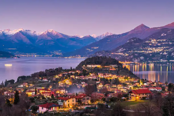 Bellagio, Como, Italy town view on Lake Como at twilight.