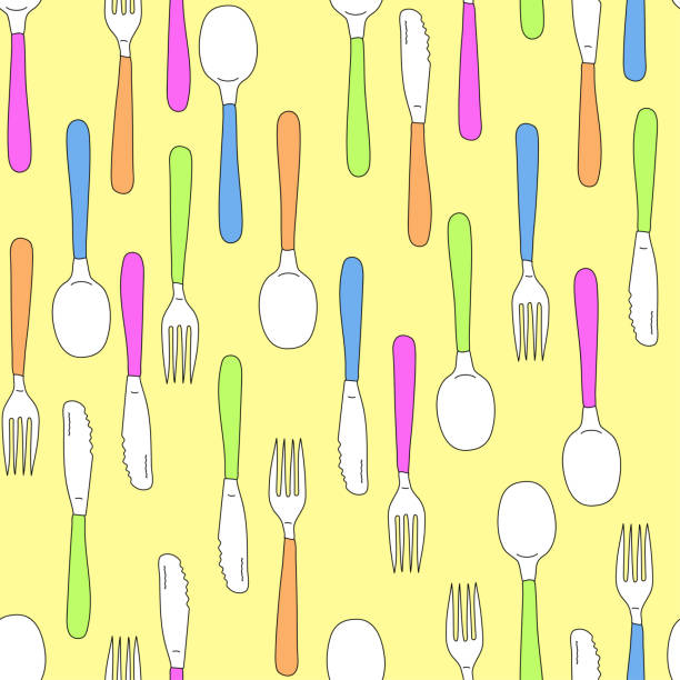 istock seamless pattern knife fork and spoon drawn in doodle style pink cyan orange and light green on a yellow background 1366639542