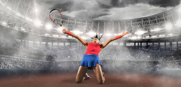istock Tennis player celebrating winner. Tennis collage 1366640132