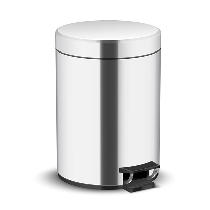 Metallic realistic trash can vector illustration. Stainless steel cylindrical garbage container