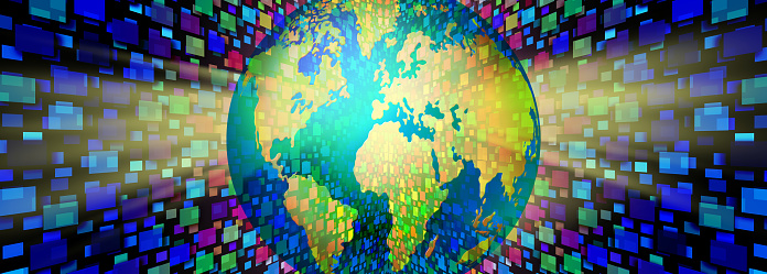 Global Metaverse virtual reality and world internet futuristic streaming media symbol with VR technology and augmented reality as internationalcomputer media concept in a 3D illustration style.