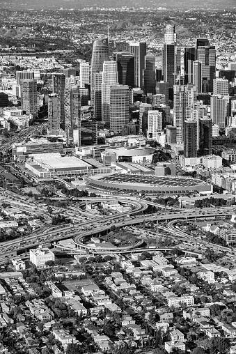 The downtown and surrounding areas of Los Angeles, California shot from an altitude of about 1000 feet over the city during a helicopter photo flight.