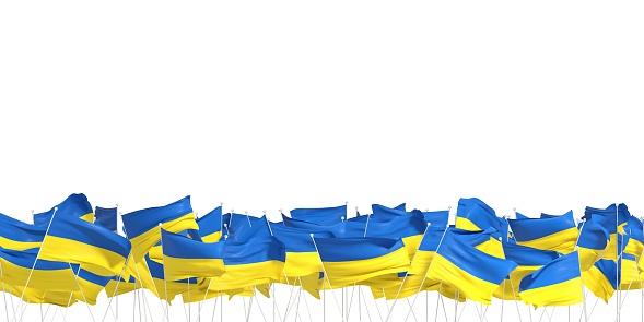 muchas banderas ucranianas sobre fondo blanco photo