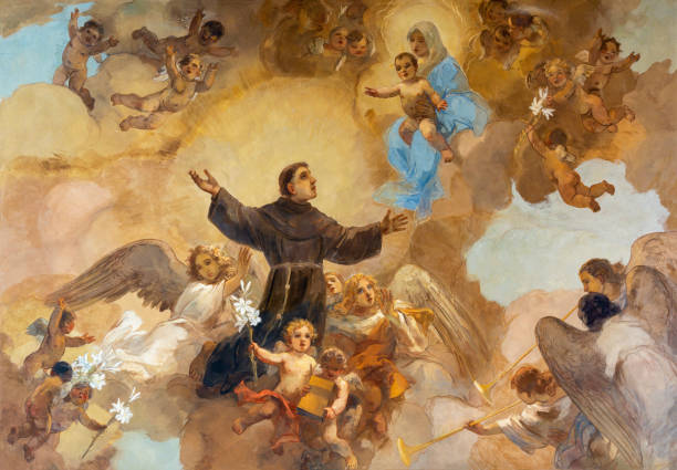 Rome - The fresco of Apotheosis of St. Anthony of Padu in church Chiesa di Santa Dorotea Rome - The fresco of Apotheosis of St. Anthony of Padu in church Chiesa di Santa Dorotea by  Gino Terren. st anthony of padua stock pictures, royalty-free photos & images