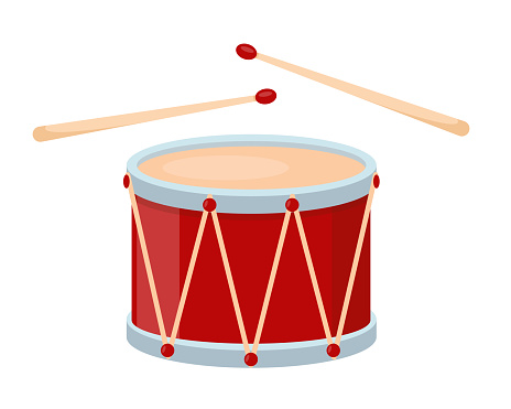 Bright red drum with wooden drumsticks isolated on white background. Drums icon musical instrument. Vector illustration in flat or cartoon style.