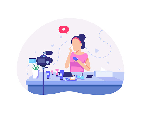 Beauty blogger streaming concept illustration. Beauty blogger recording makeup tutorial video for her vlog. Vector illustration in a flat style