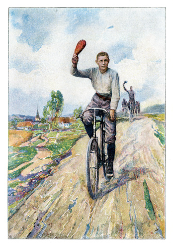 Man on rural road riding bicycle drawing 1899
Original edition from my own archives
Source : Spiel und Sport 1899
Aquarell Albert Richter