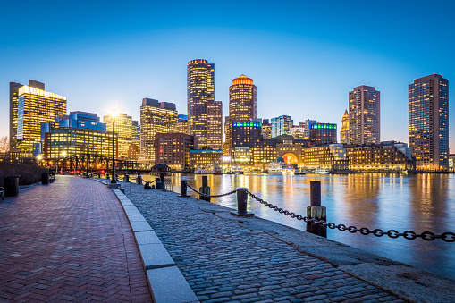 The Boston Harbor and Financial District in Boston, Massachusetts, USA.