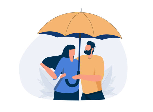 かわいいカップルが傘の下で抱き合っている。ロマンチックな関係、問題からの保護、サポート、ケアと愛。 - insurance agent service child family点のイラスト素材／クリップアート素材／マンガ素材／アイコン素材
