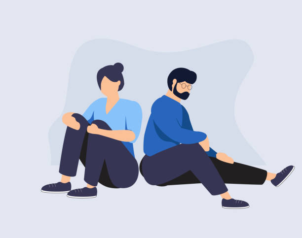 illustrazioni stock, clip art, cartoni animati e icone di tendenza di l'uomo e la donna tristi si siedono uno dietro l'altro e non parlano. coppia sull'orlo del divorzio. gli amici litigano e fraintendono. - relationship difficulties couple anger communication breakdown