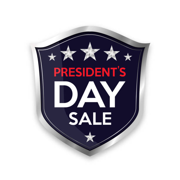 Presidents day sale banner on shield metal icon isolated on white background. Presidents day sale banner on shield metal icon isolated on white background. Vector illustration. presidents day stock illustrations