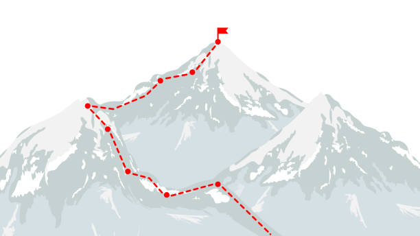 ilustraciones, imágenes clip art, dibujos animados e iconos de stock de ruta de montañismo hasta la cima. concepto de camino empresarial hacia el éxito. pico de montaña, ruta de escalada hasta la cima del acantilado. - mapa de carretera