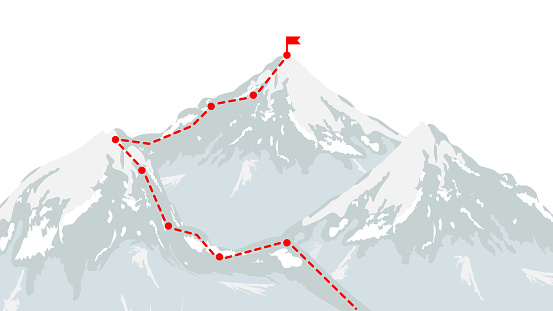 Mountain climbing route to the top. Business path to success concept. Mountain peak, climbing route to the top of the cliff. Vector illustration.