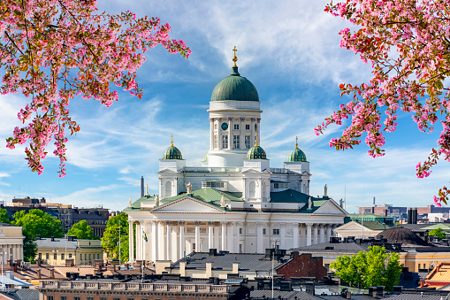 Helsinki Cathedral over city center in spring, Finland