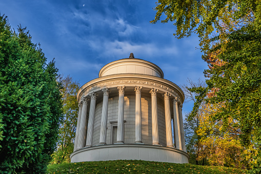 Warsaw, Poland, Classical style rotunda water tower in the Saxon Garden, the tower was modeled after the Temple of Vesta in Tivoli, designed in 1852.