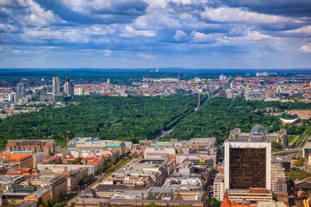 City of Berlin cityscape with Tiergarten park in Germany, central Mitte district, aerial view.