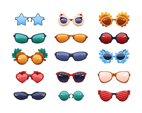 Party glasses. Cartoon funny fashion sunglasses with reflections. Round colorful summer spectacles. Different shapes eyewear. Bright plastic rims and sun protection lens. Vector trendy accessories set