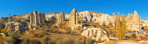 Panoramic view of beautiful mountain valley "Görkündere" in Cappadocia. Göreme, Central Anatolia, Nevşehir, Turkey