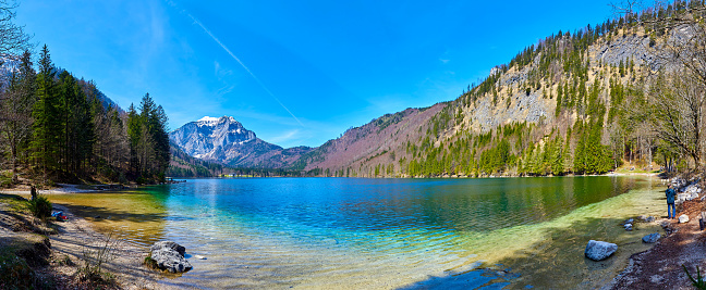 Vorderer Langbathsee lake in Alps mountains, Austria. Beautiful spring landscape.