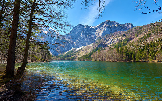 Hinterer Langbathsee lake in Alps mountains, Austria. Beautiful spring landscape.