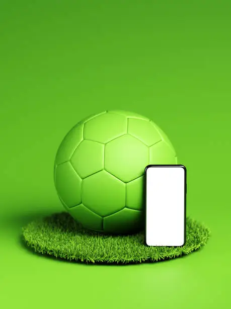 Photo of A soccer ball and a smartphone. A betting app for announcing football matches and news. Bookmaker, sports online broadcast. 3d illustration