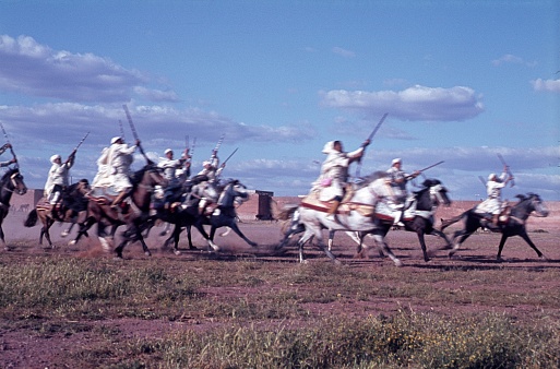 Morocco, 1973. Laâb el-baroud or Fantasia Equestrian Games of the Berbian Tribes in Morocco.