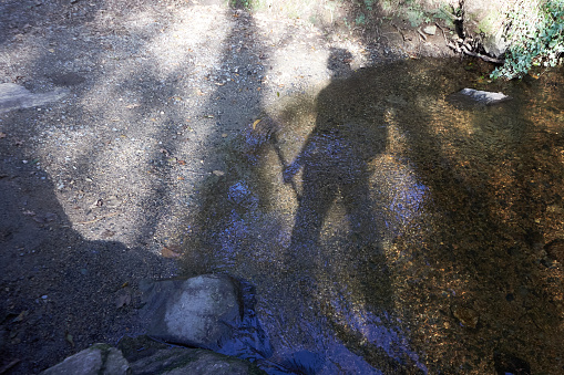 Shadow of an anonymous person with a stick and backpack crossing a river
