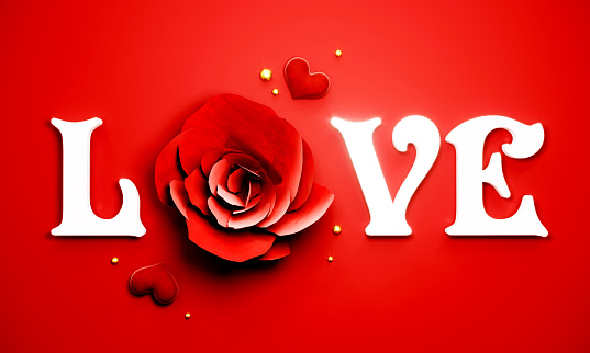Love background with red flower for happy valentines day, 3D Rendering.