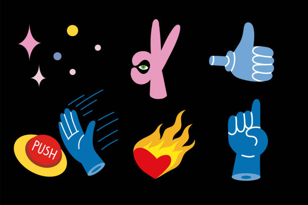 illustrations, cliparts, dessins animés et icônes de ensemble d’illustartions vectorielles colorées dans cartoon flat design: gestes de la main, cœur brûlant. - excentrique illustrations