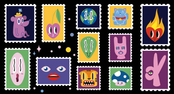 ilustraciones, imágenes clip art, dibujos animados e iconos de stock de conjunto de lindos sellos postales dibujados a mano, divertidos personajes de cómic. - offbeat