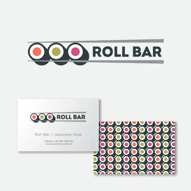 Vector illustration of Sushi Roll bar emblem. Japanese food. Rolls and chopsticks on light background. Identity, business card, pattern.