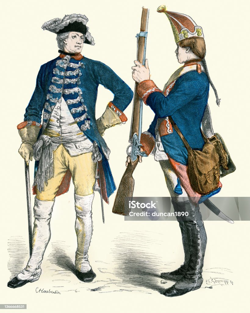 Militäruniformen, Soldaten, Preußischer Gardeoffizier und Grenadierer aus dem 18. Jahrhundert, 1770 - Lizenzfrei Preußen Stock-Illustration