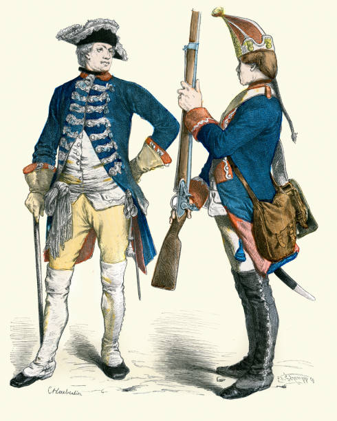 1770년 18세기 군복, 군인, 프로이센 경비대 장교, 수류탄 병사 - prussia stock illustrations
