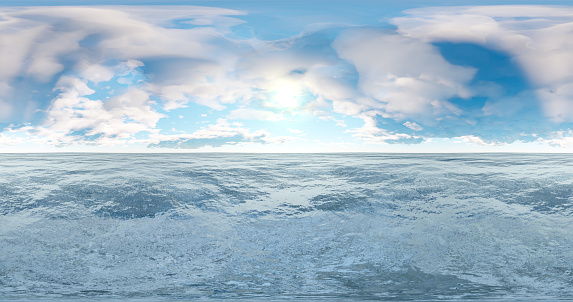 Renderizado 3D. Cielo azul con nubes al atardecer o al amanecer. Mapa de medio ambiente 360 HDRI. Proyección equivalente, panorama esférico. photo