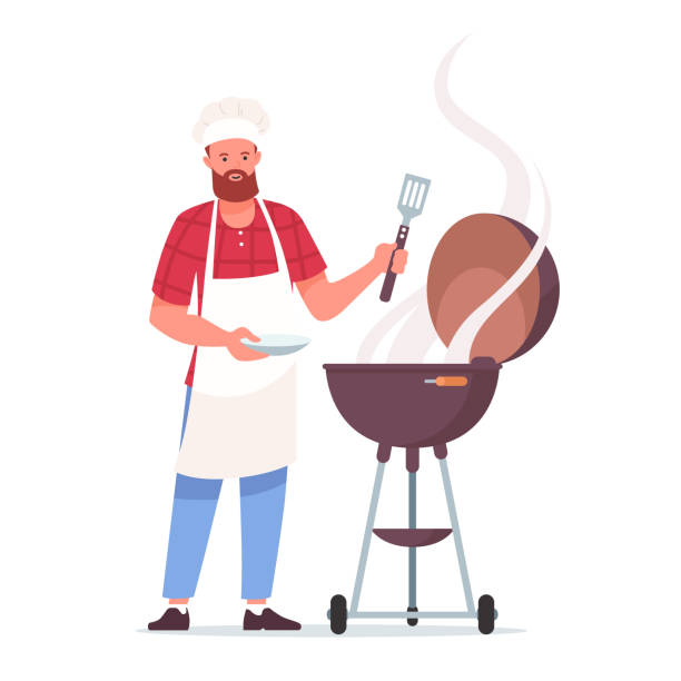 illustrations, cliparts, dessins animés et icônes de homme barbu heureux cuisinant un barbecue. le cuisinier prépare la viande sur le gril. soirée barbecue. illustration vectorielle isolée sur fond blanc. - barbecue grill chef barbecue sausage