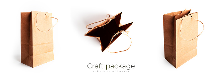 Craft package isolated on a white background. A paper bag. Gift wrapping. High quality photo