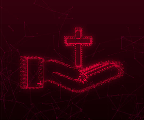istock Plexus Cross wood icon in hands design on red background. Religion icon. Vector stock illustration 1366669707