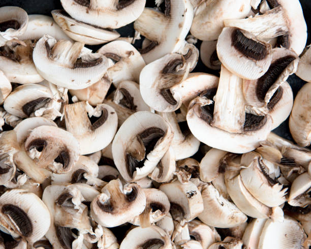 Close up of slices of white mushrooms stock photo